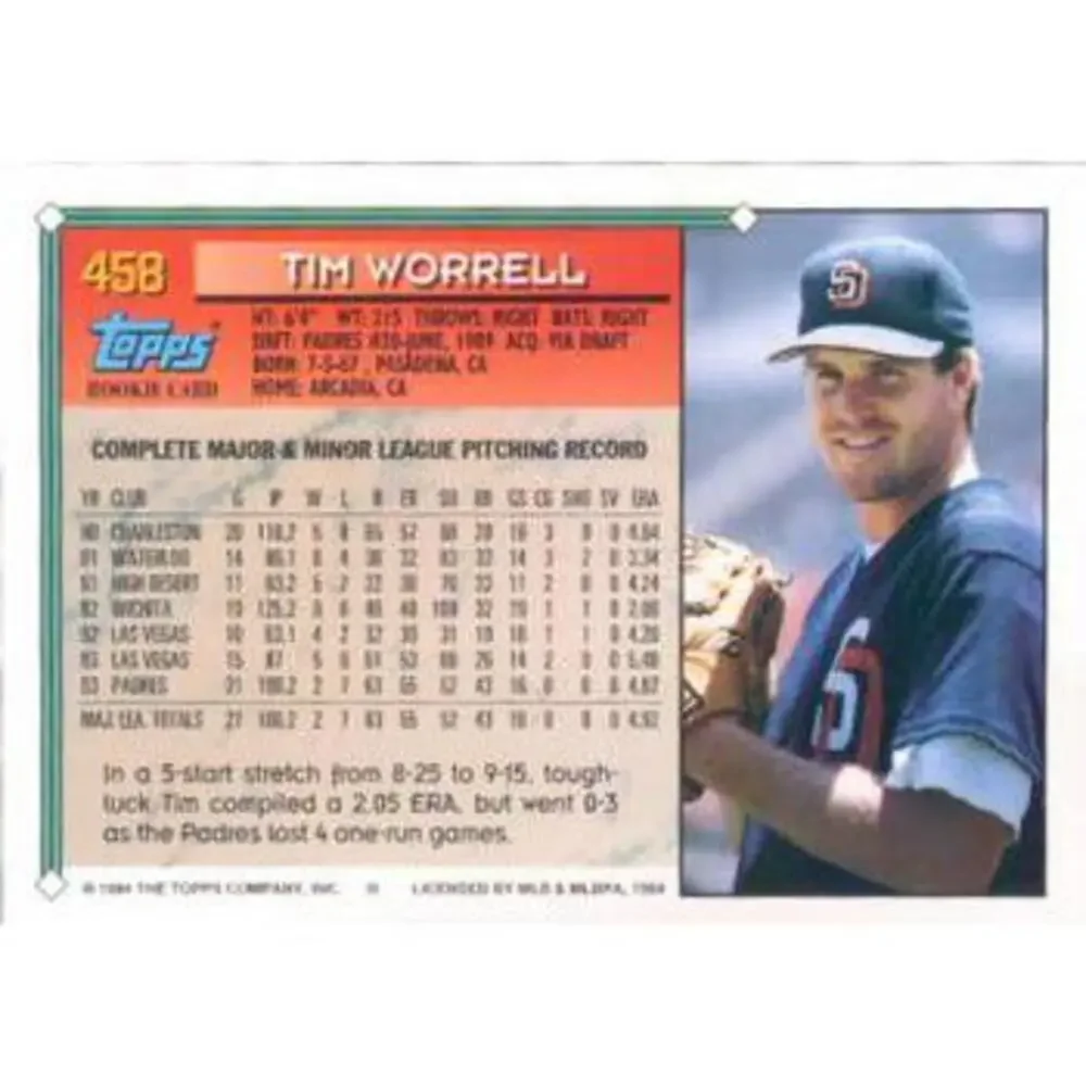 1994 Topps Tim Worrell RC # 458 San Diego Padres